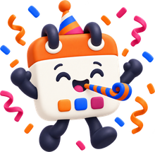 Calendín, la mascota de HolaCalendar, celebra con gorro de fiesta, matasuegras y serpentinas