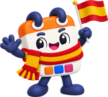 Calendín, la mascota de HolaCalendar, con bufanda roja y amarilla y una banderita de España