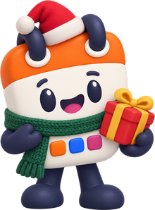 Calendín, la mascota de HolaCalendar, con gorro navideño, bufanda y un regalo