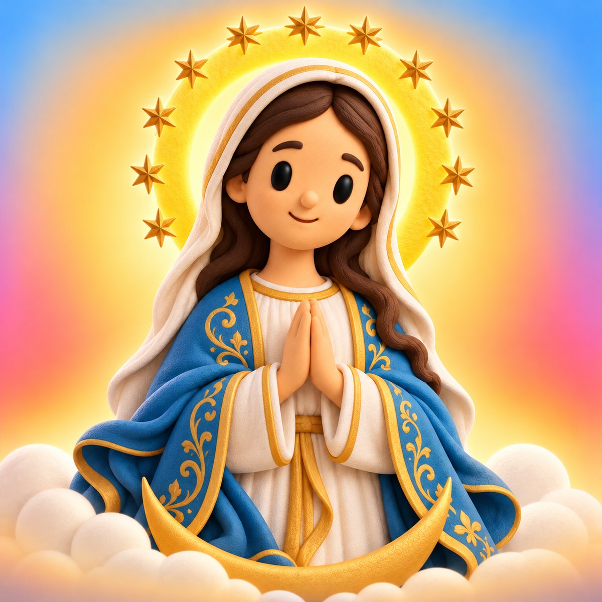 Ilustración en plastilina de la Inmaculada Concepción con manto azul, manos juntas, corona de estrellas y una media luna a los pies sobre nubes
