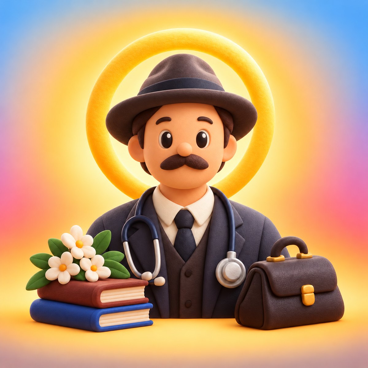 Ilustración en plastilina de san José Gregorio Hernández con sombrero, traje oscuro y estetoscopio, aureola dorada, libros, flores y su maletín de médico