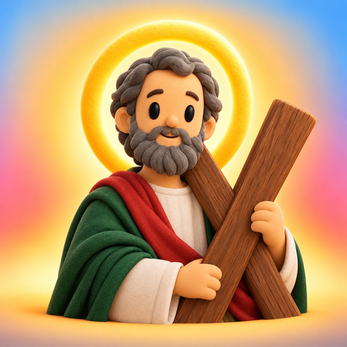 Ilustración en plastilina de san Andrés con barba canosa, manto verde y rojo y la cruz en forma de X
