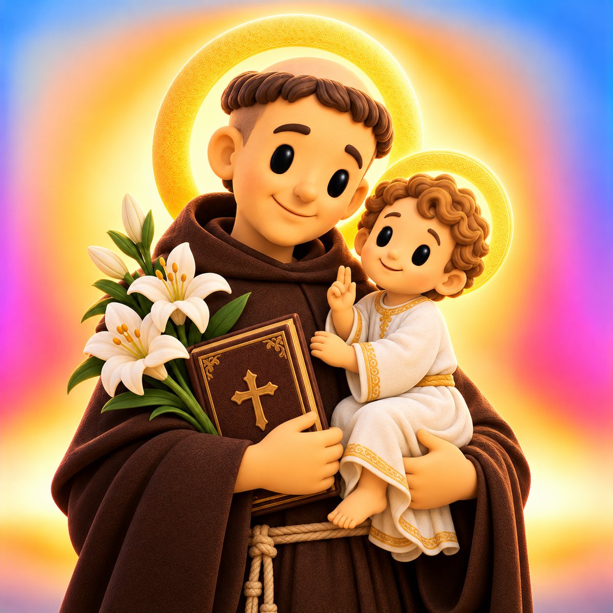 Ilustración en plastilina de san Antonio de Padua con hábito franciscano café, el Niño Jesús en brazos, un libro y lirios