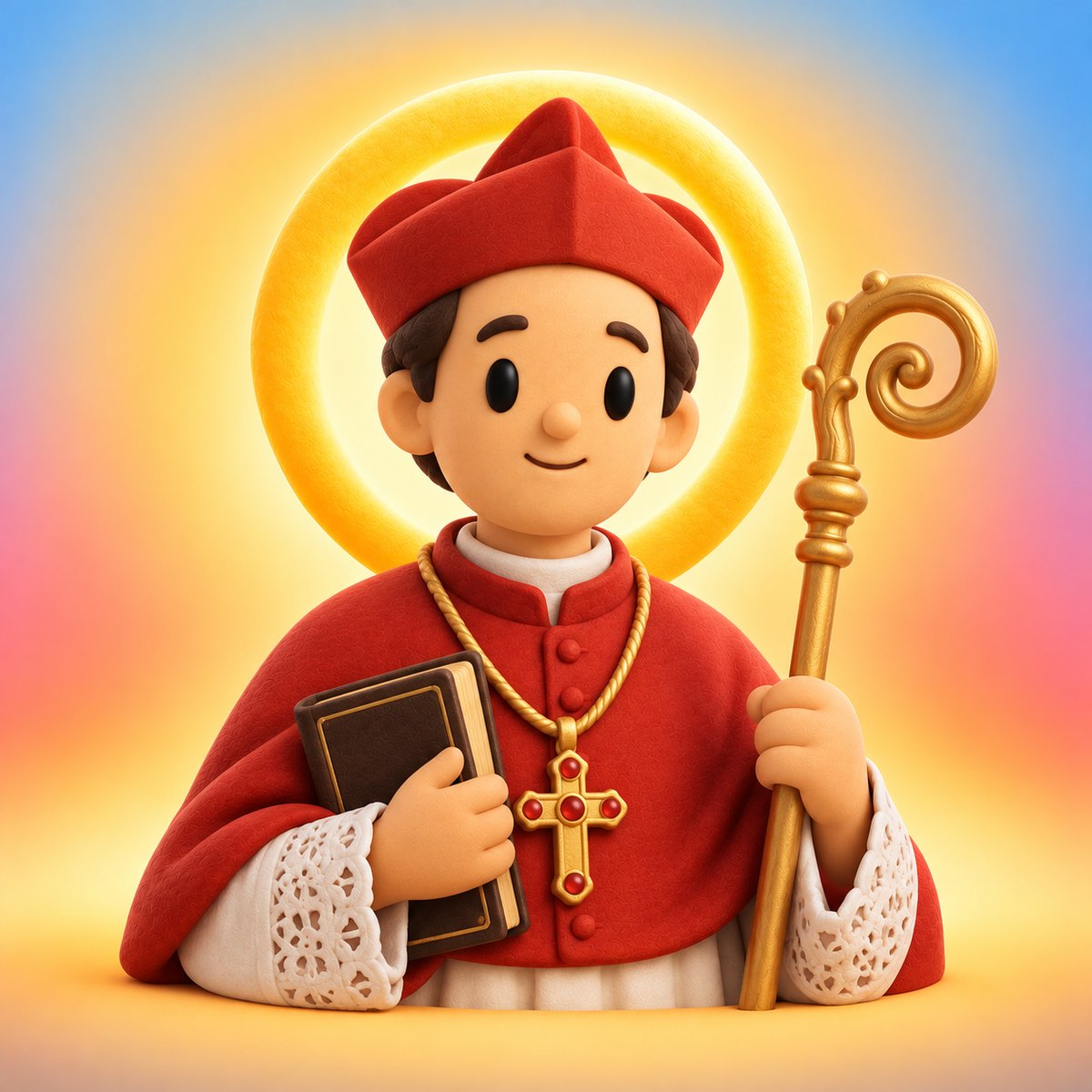 Ilustración en plastilina de san Carlos Borromeo con vestimenta roja de cardenal, cruz pectoral, libro y báculo dorado