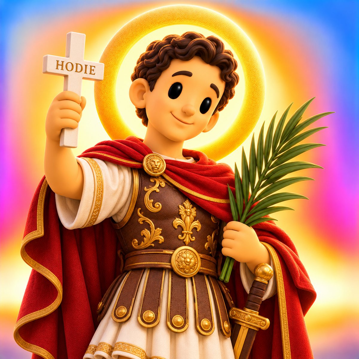 Ilustración en plastilina de san Expedito como soldado romano con capa roja, una cruz con la palabra HODIE y una palma
