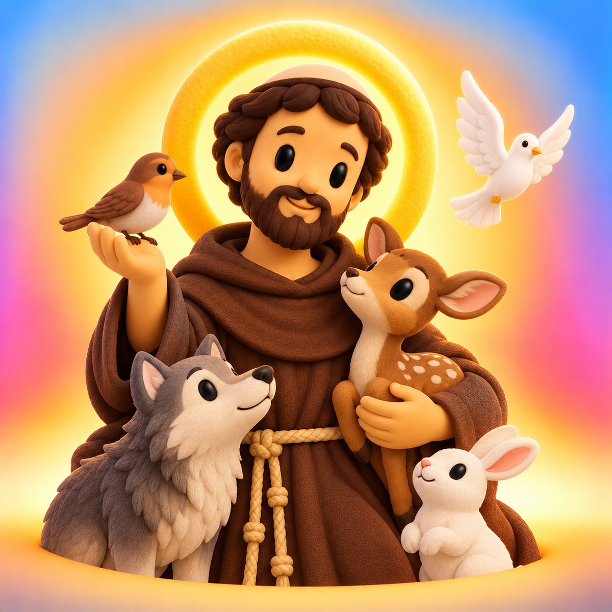 Ilustración en plastilina de san Francisco de Asís con hábito café y cordón, rodeado de un lobo, un cervatillo, un conejo y pájaros