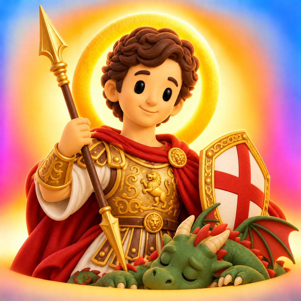 Ilustración en plastilina de san Jorge con armadura dorada, capa roja, lanza, escudo con cruz roja y un dragón verde a sus pies