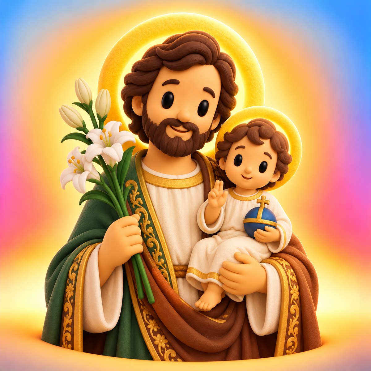Ilustración en plastilina de san José con manto verde y café, lirios blancos y el Niño Jesús en brazos