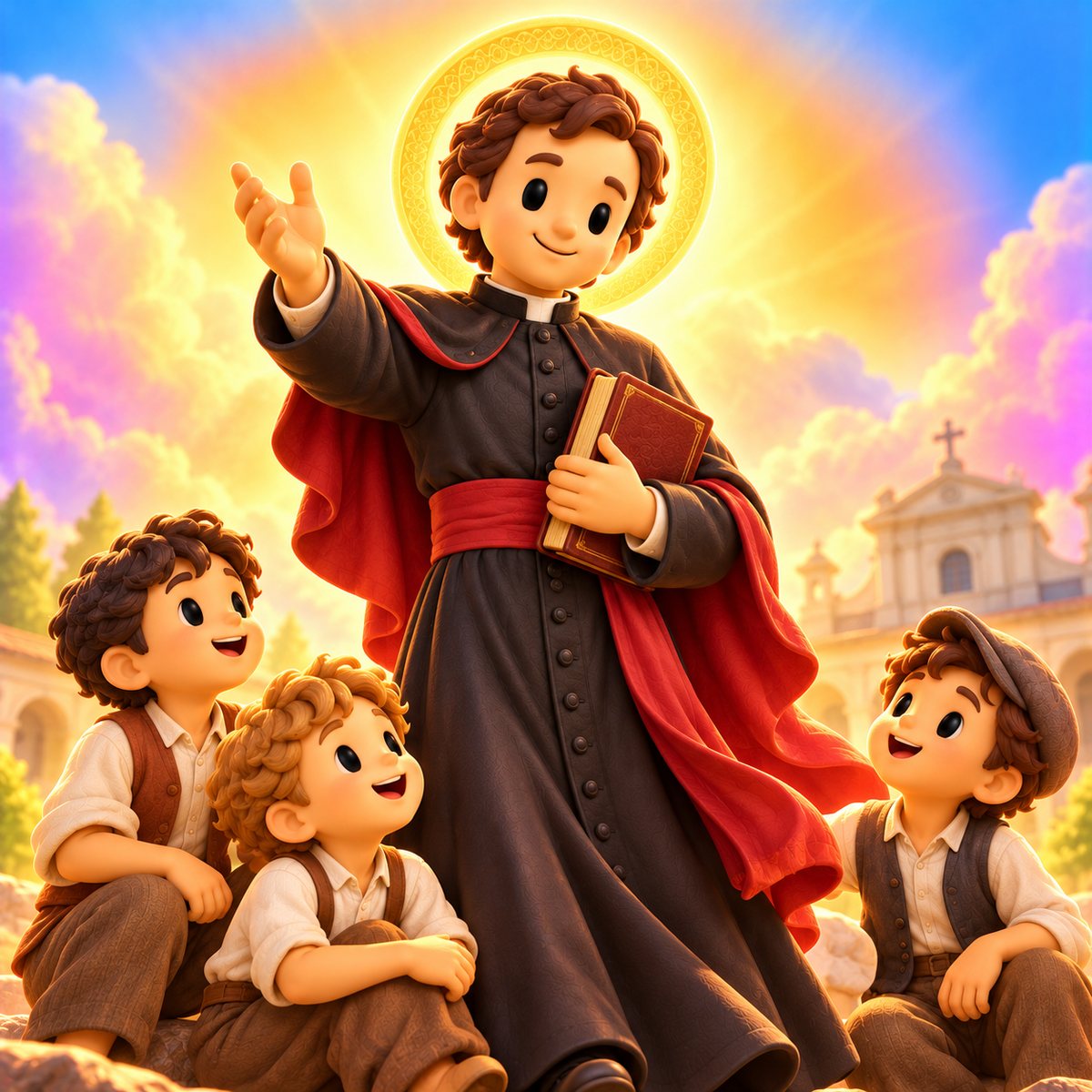 Ilustración en plastilina de san Juan Bosco con sotana negra y un libro, sonriendo rodeado de niños frente a una iglesia