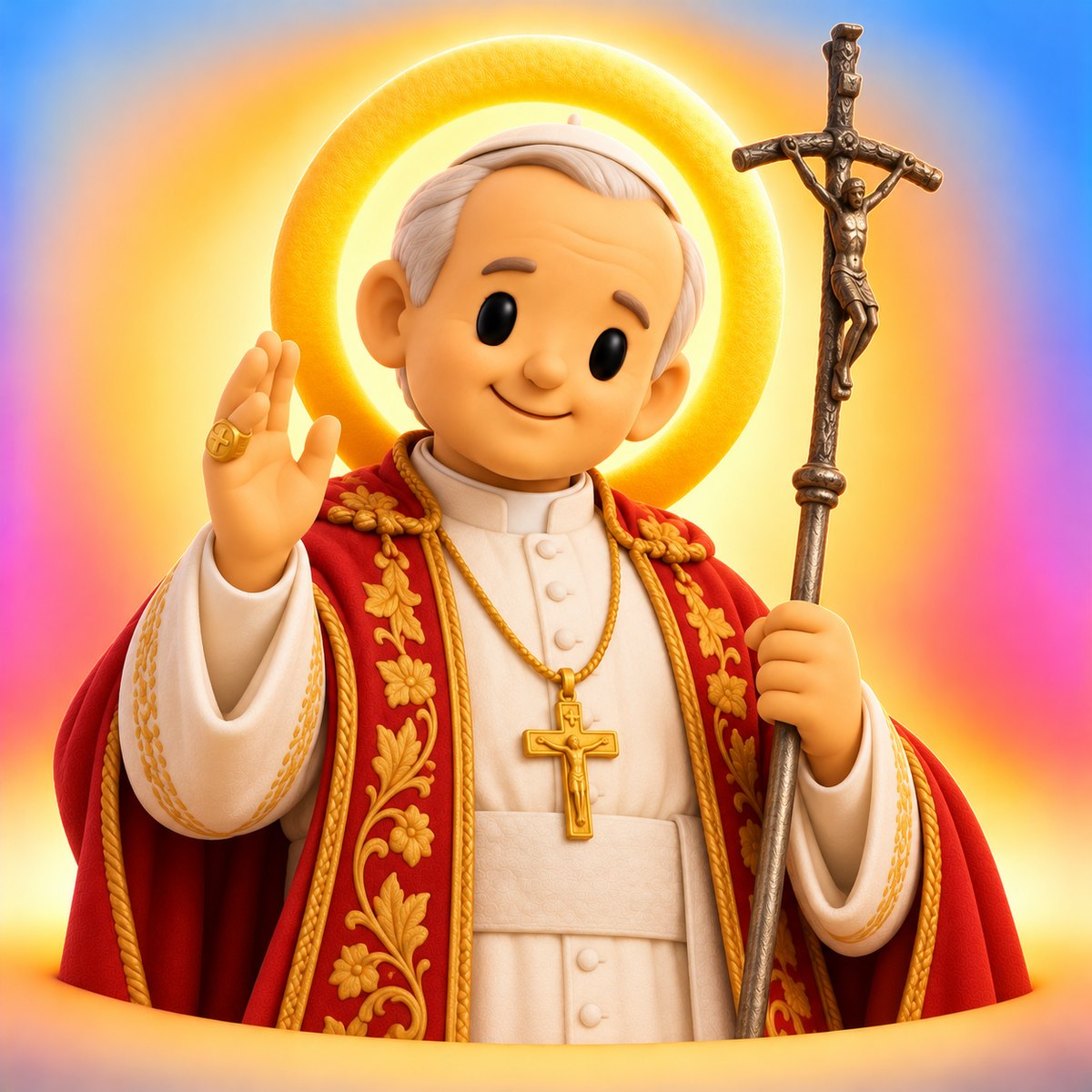 Ilustración en plastilina de san Juan Pablo II con solideo blanco, capa roja, saludando con la mano y su báculo con crucifijo