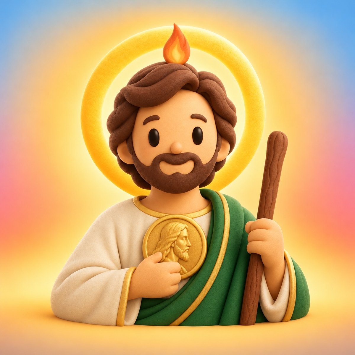 Ilustración en plastilina de san Judas Tadeo con túnica blanca y manto verde, medallón dorado con el rostro de Jesús, bastón y una llamita sobre la cabeza