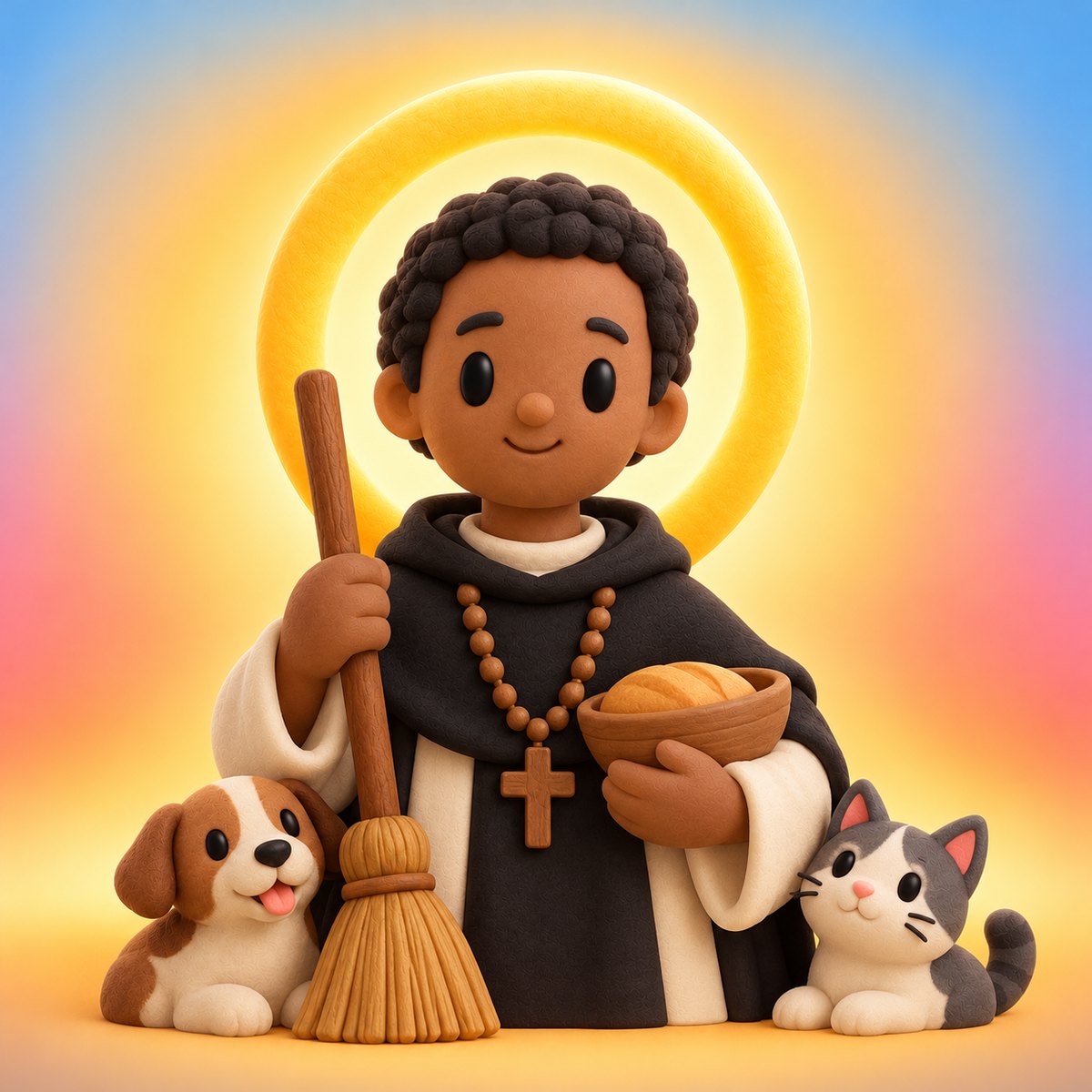 Ilustración en plastilina de san Martín de Porres con hábito dominico blanco y negro, escoba, rosario, pan, un perro y un gato