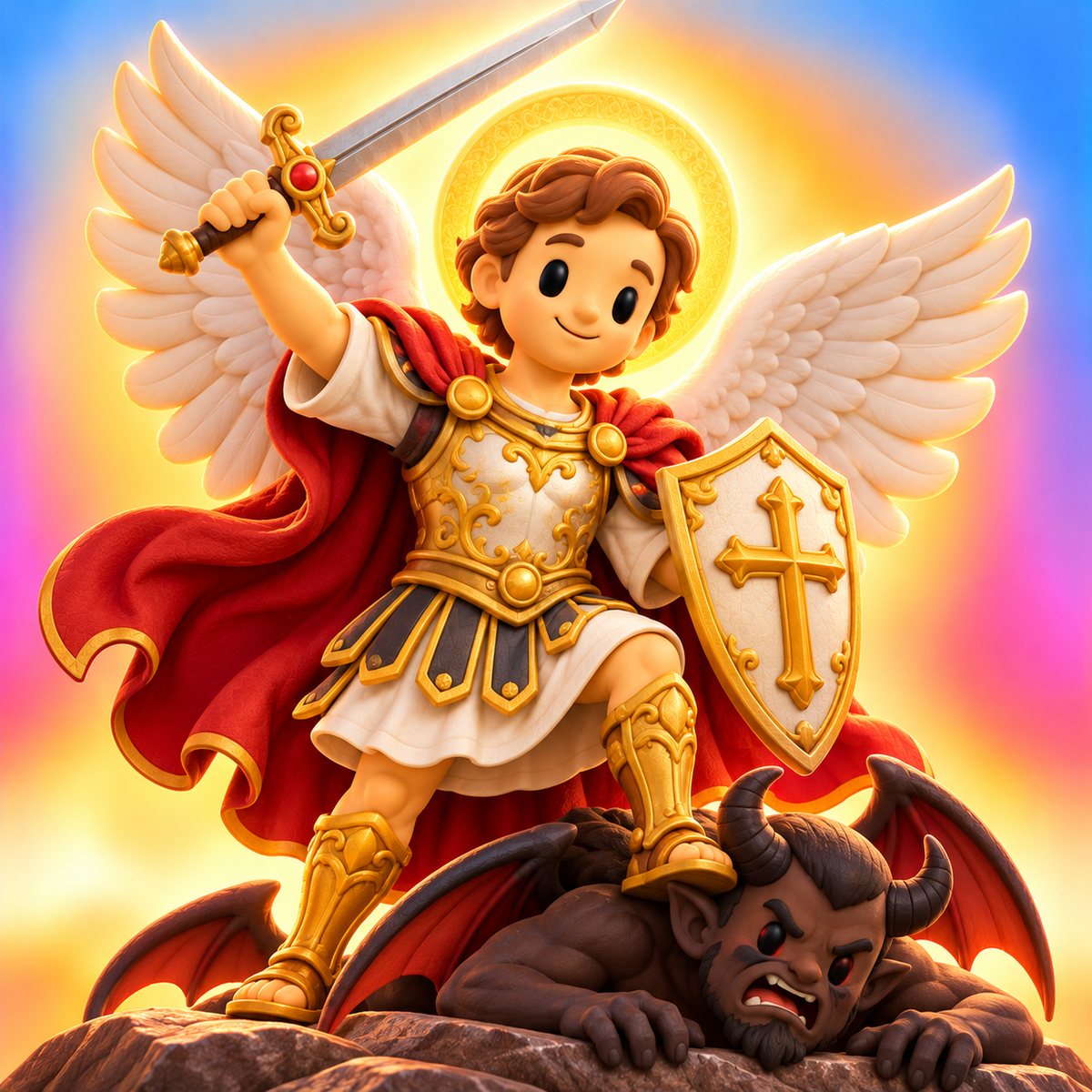 Ilustración en plastilina de san Miguel Arcángel con alas blancas, armadura, espada en alto y escudo con cruz, venciendo al demonio