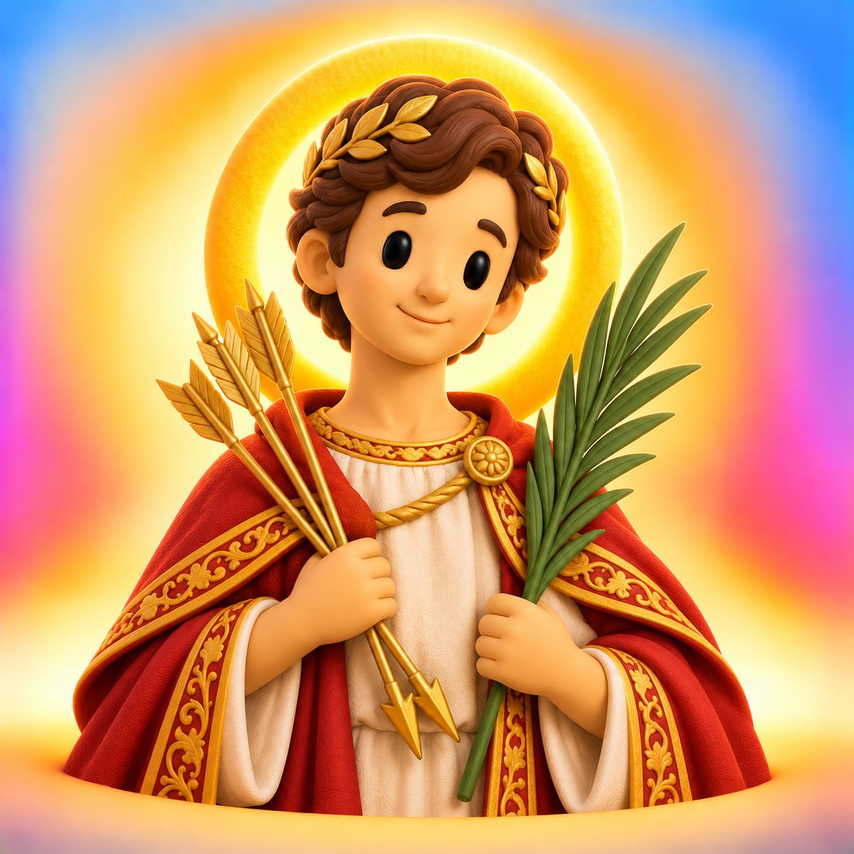 Ilustración en plastilina de san Sebastián con corona de laurel, túnica blanca, manto rojo, flechas y una palma