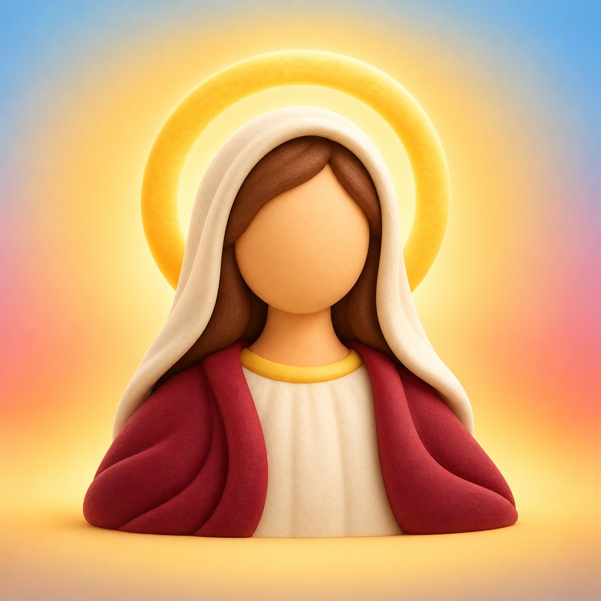 Ilustración en plastilina de una santa, sin rostro, con velo crema, manto burdeos y aureola dorada
