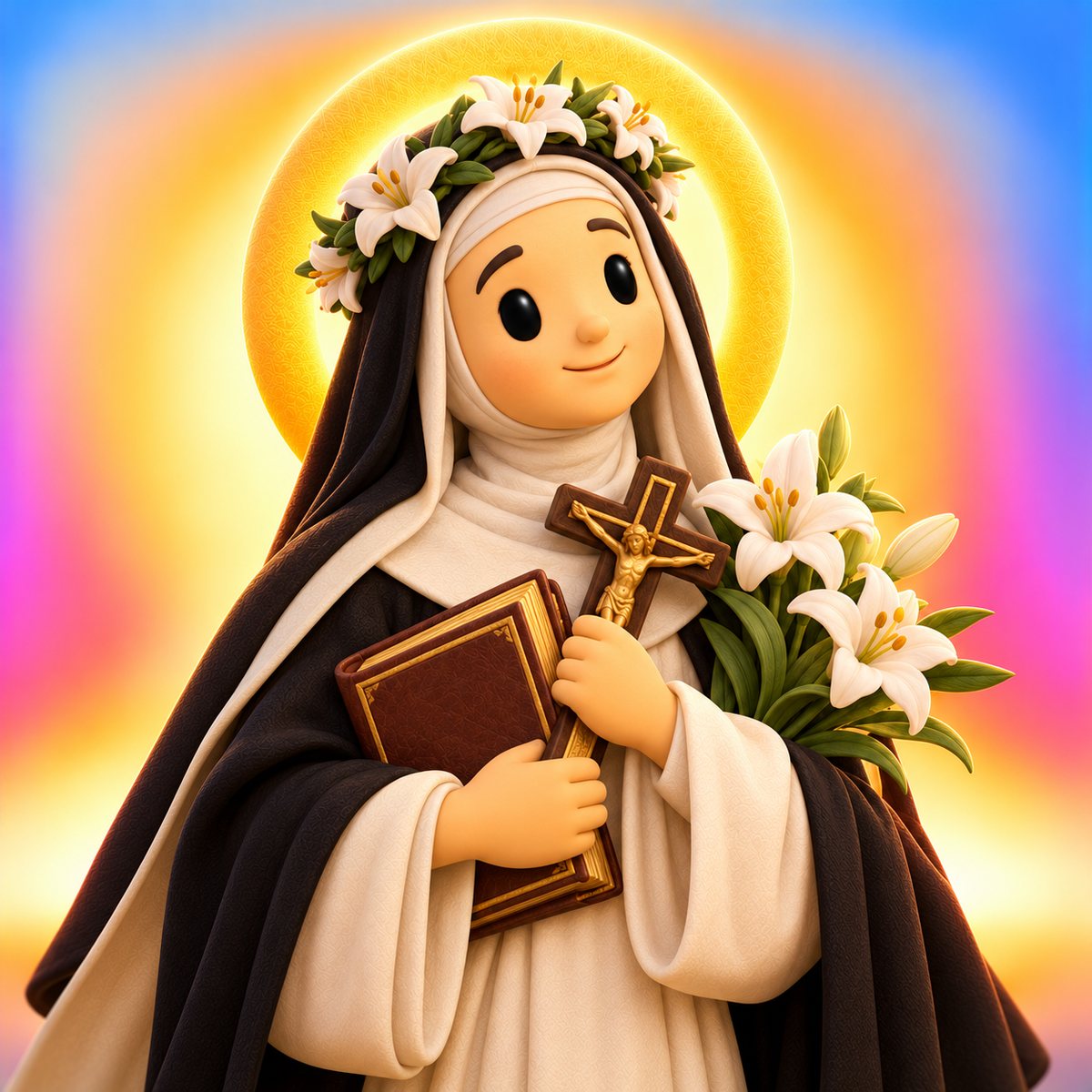 Ilustración en plastilina de santa Catalina de Siena con hábito dominico blanco y negro, corona de flores, crucifijo, libro y lirios