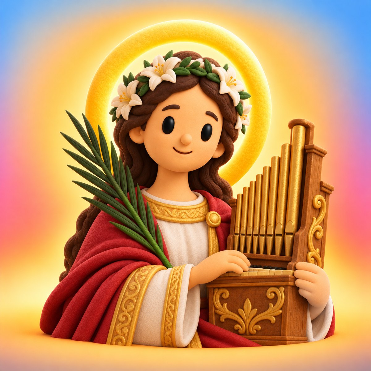 Ilustración en plastilina de santa Cecilia con corona de flores, palma y un pequeño órgano