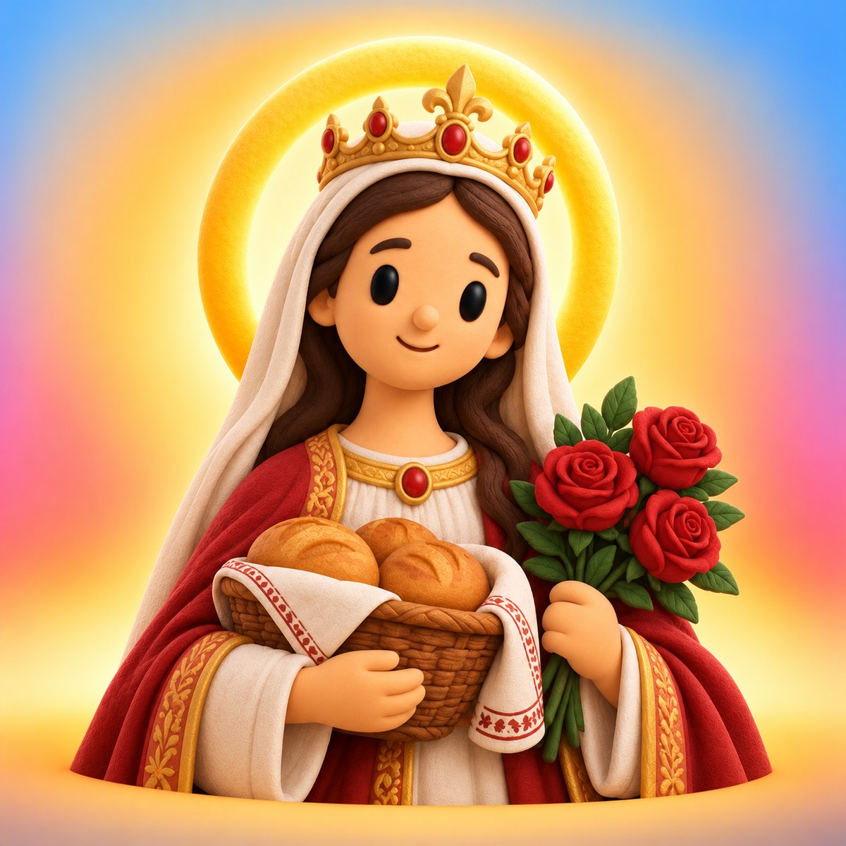 Ilustración en plastilina de santa Isabel de Hungría con corona, velo, una canasta de pan y rosas rojas