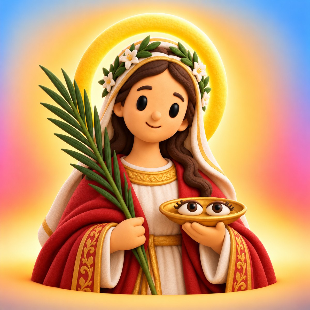 Ilustración en plastilina de santa Lucía con corona de flores, palma y un plato con dos ojos