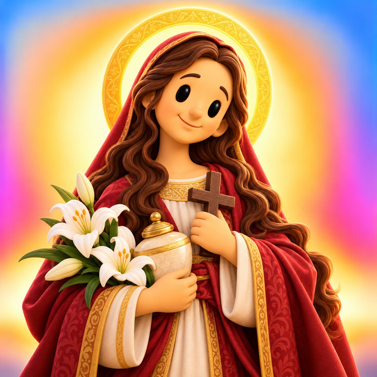 Ilustración en plastilina de santa María Magdalena con cabello largo, manto rojo, frasco de perfume, una cruz y lirios