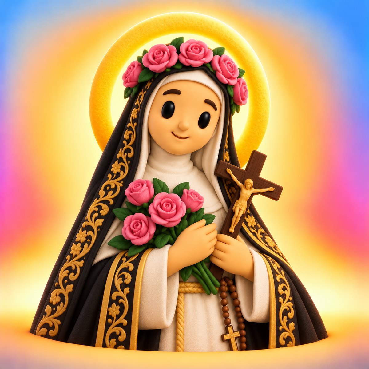 Ilustración en plastilina de santa Rosa de Lima con hábito dominico, corona de rosas, un ramo de rosas y un crucifijo