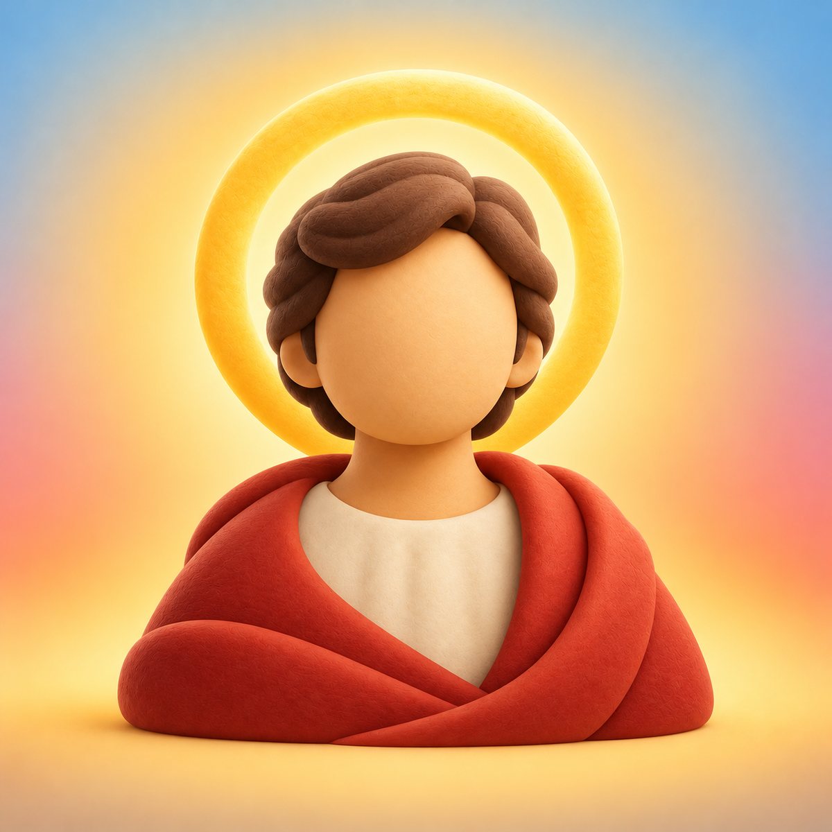 Ilustración en plastilina de un santo, sin rostro, con manto rojo y aureola dorada