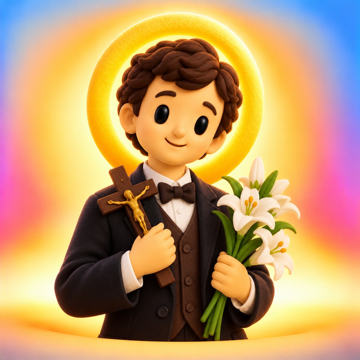 Ilustración en plastilina de santo Domingo Savio, un joven con traje oscuro y corbatín, un crucifijo y lirios blancos
