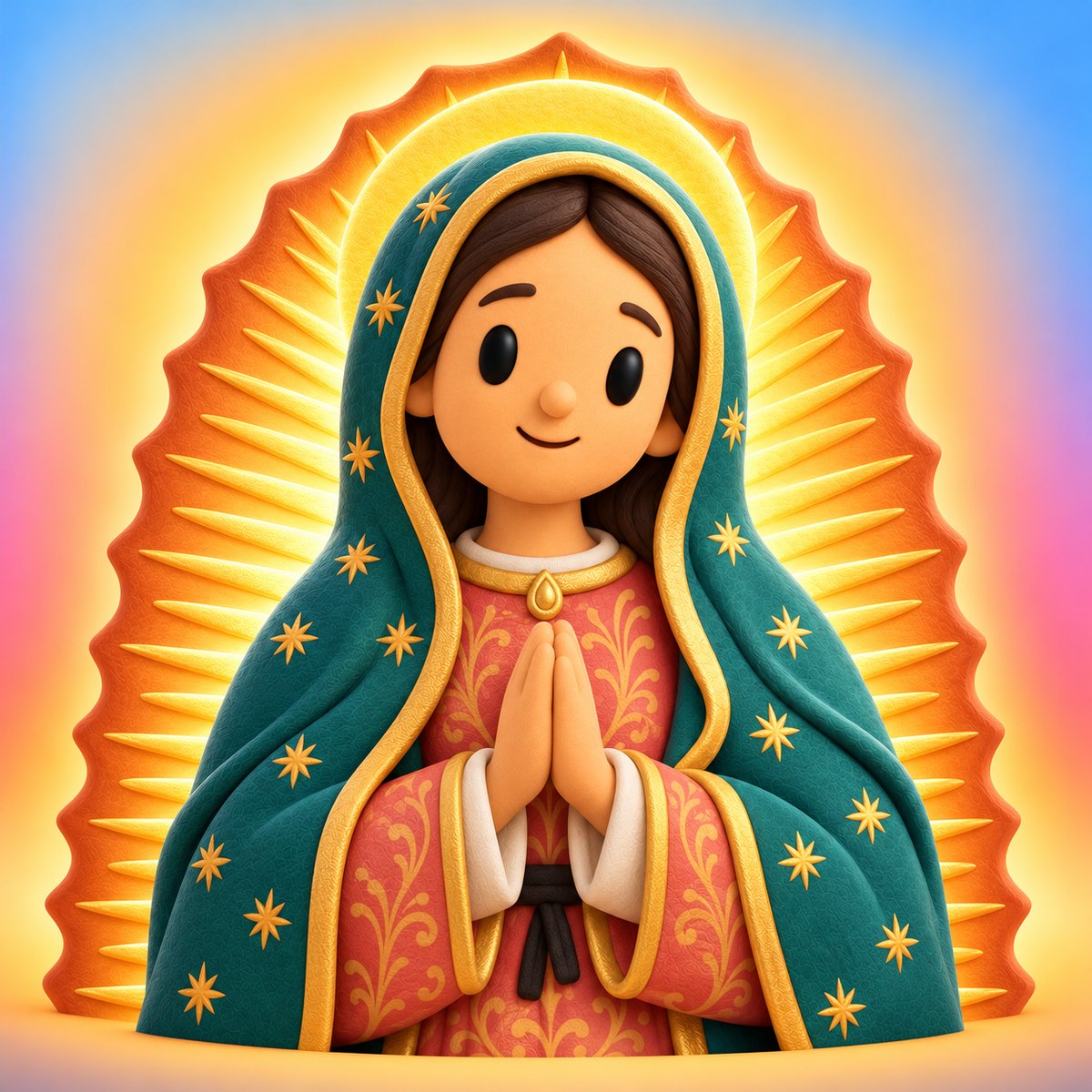 Ilustración en plastilina de la Virgen de Guadalupe con manto turquesa estrellado, túnica rosa, manos juntas y rayos dorados