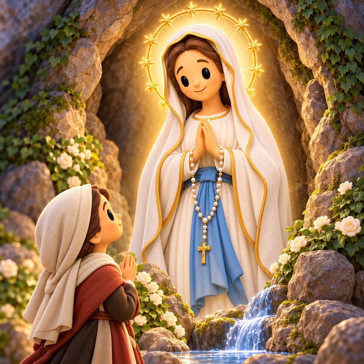 Ilustración en plastilina de la Virgen de Lourdes vestida de blanco con faja celeste y rosario, en la gruta de Massabielle, con santa Bernadette arrodillada y un manantial