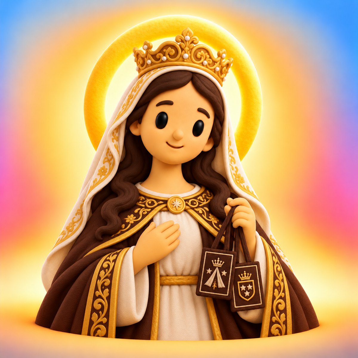 Ilustración en plastilina de la Virgen del Carmen con corona, manto café y crema y el escapulario en la mano