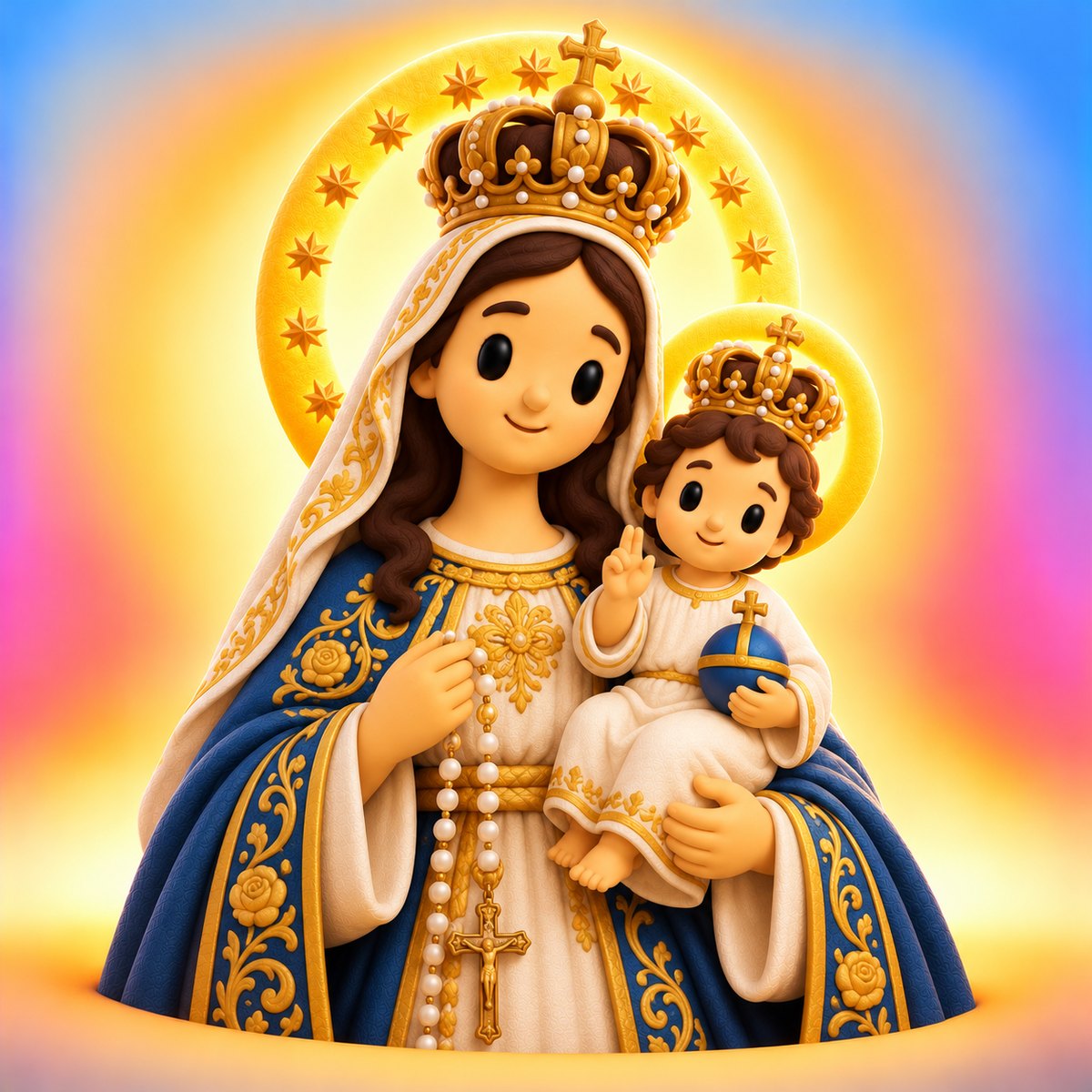 Ilustración en plastilina de Nuestra Señora del Rosario con corona, manto azul, el Niño Jesús en brazos y un rosario