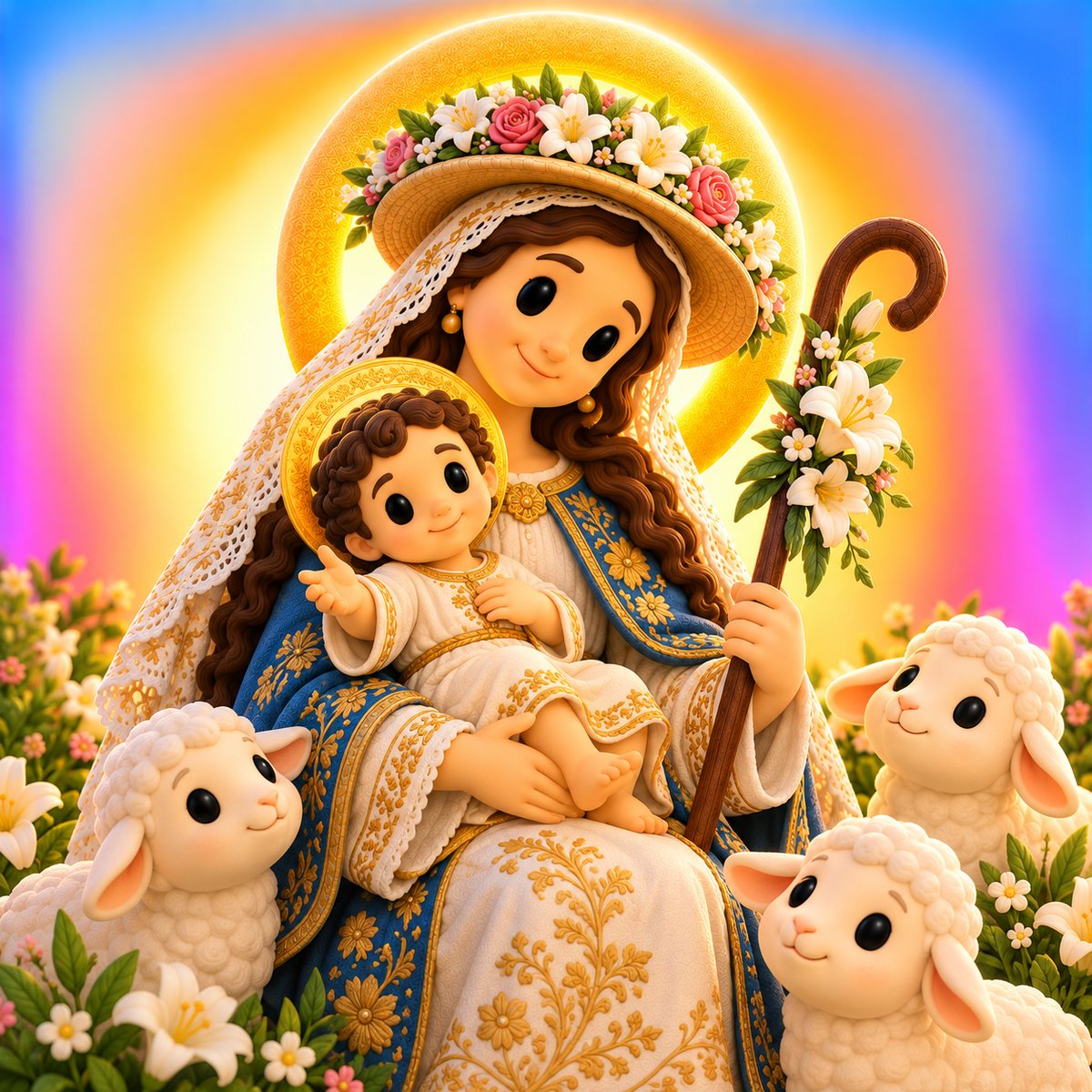 Ilustración en plastilina de la Divina Pastora con sombrero de flores, el Niño Jesús en el regazo, un cayado y ovejas a su alrededor