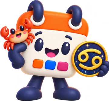 Calendín, la mascota de HolaCalendar, con un cangrejito en el hombro y el medallón de Cáncer