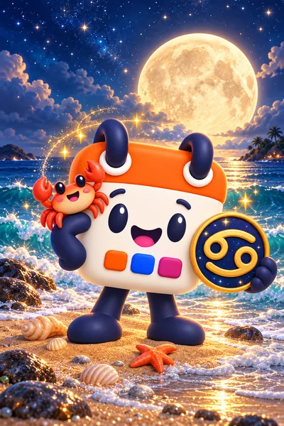 Calendín y un cangrejito en una playa de noche bajo la luna llena