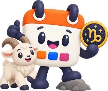 Calendín, la mascota de HolaCalendar, con el pulgar arriba sobre una roca y el medallón de Capricornio, junto a una cabrita montés