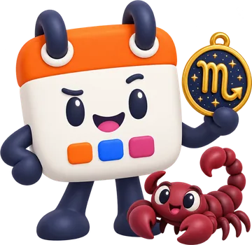 Calendín, la mascota de HolaCalendar, con sonrisa pícara y el medallón de Escorpio, junto a un escorpión simpático