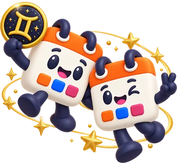 Dos Calendín gemelos saltando felices dentro de una órbita dorada de estrellas, uno con el medallón de Géminis