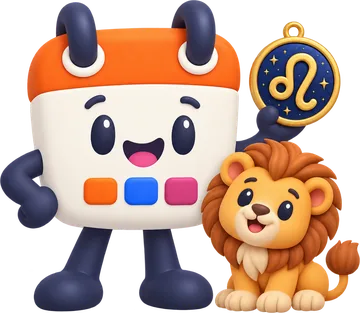 Calendín, la mascota de HolaCalendar, con la mano en la cintura y el medallón de Leo, junto a un leoncito