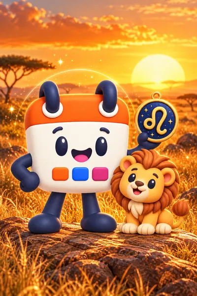 Calendín y un leoncito en la sabana con un gran sol de verano