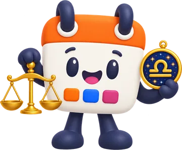 Calendín, la mascota de HolaCalendar, con una balanza dorada equilibrada y el medallón de Libra