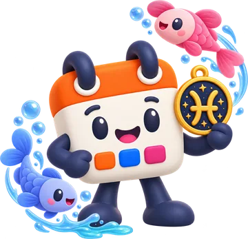 Calendín, la mascota de HolaCalendar, con el medallón de Piscis y dos pececitos, uno azul y uno rosado, nadando alrededor