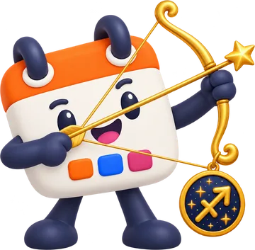 Calendín, la mascota de HolaCalendar, apuntando con un arco dorado y una flecha de estrella, con el medallón de Sagitario