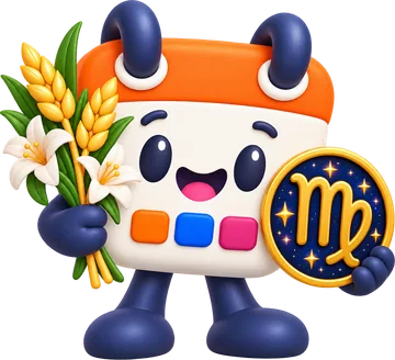 Calendín, la mascota de HolaCalendar, con un ramo de espigas de trigo y lirios y el medallón de Virgo
