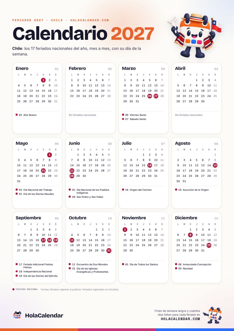 Calendario 2027 de Chile con sus 17 feriados marcados, para imprimir en una hoja A4