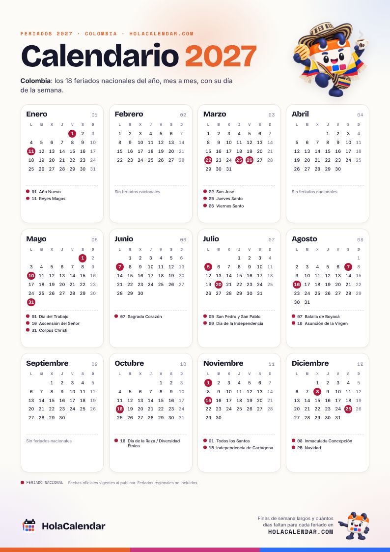 Calendario 2027 de Colombia con sus 18 feriados marcados, para imprimir en una hoja A4