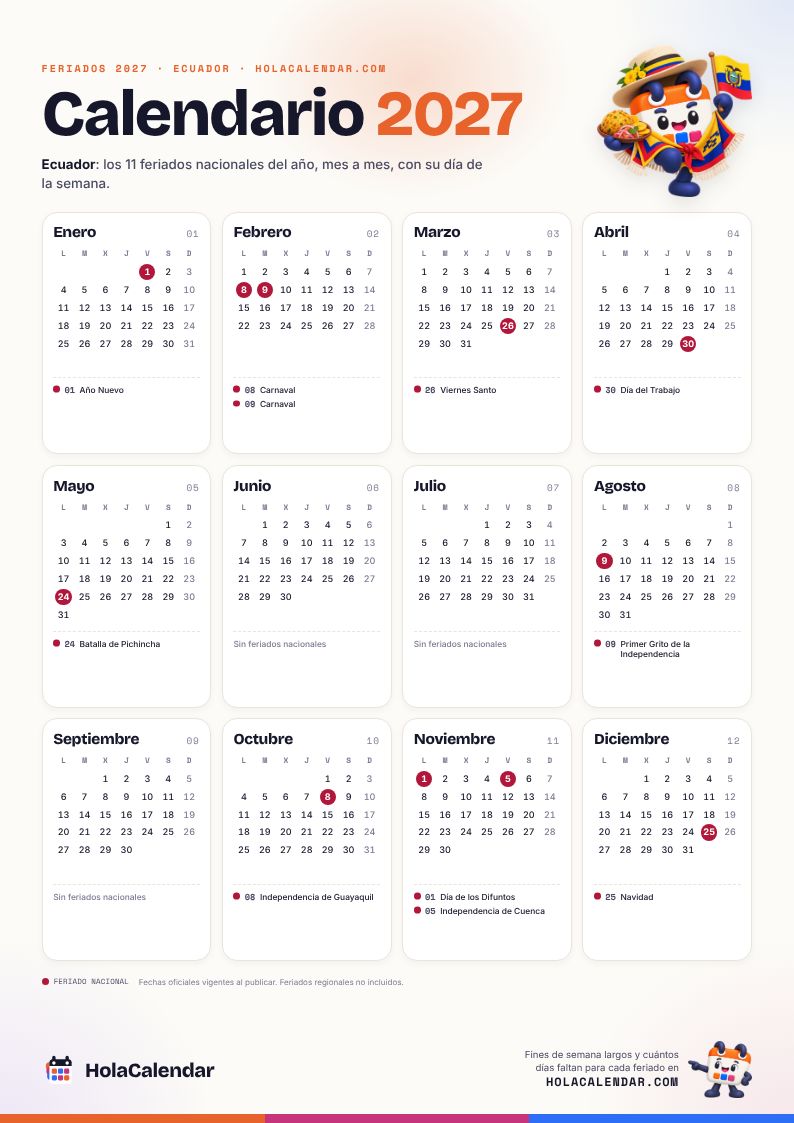 Calendario 2027 de Ecuador con sus 11 feriados marcados, para imprimir en una hoja A4