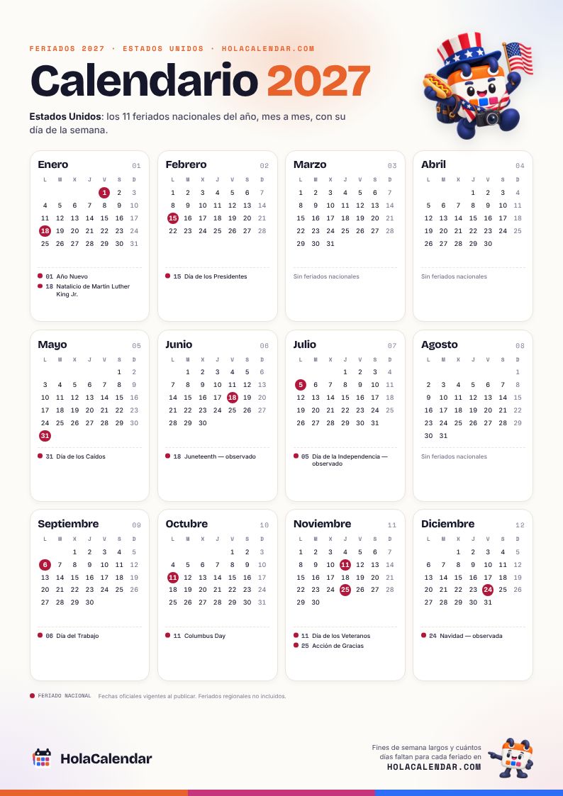 Calendario 2027 de Estados Unidos con sus 11 feriados marcados, para imprimir en una hoja A4