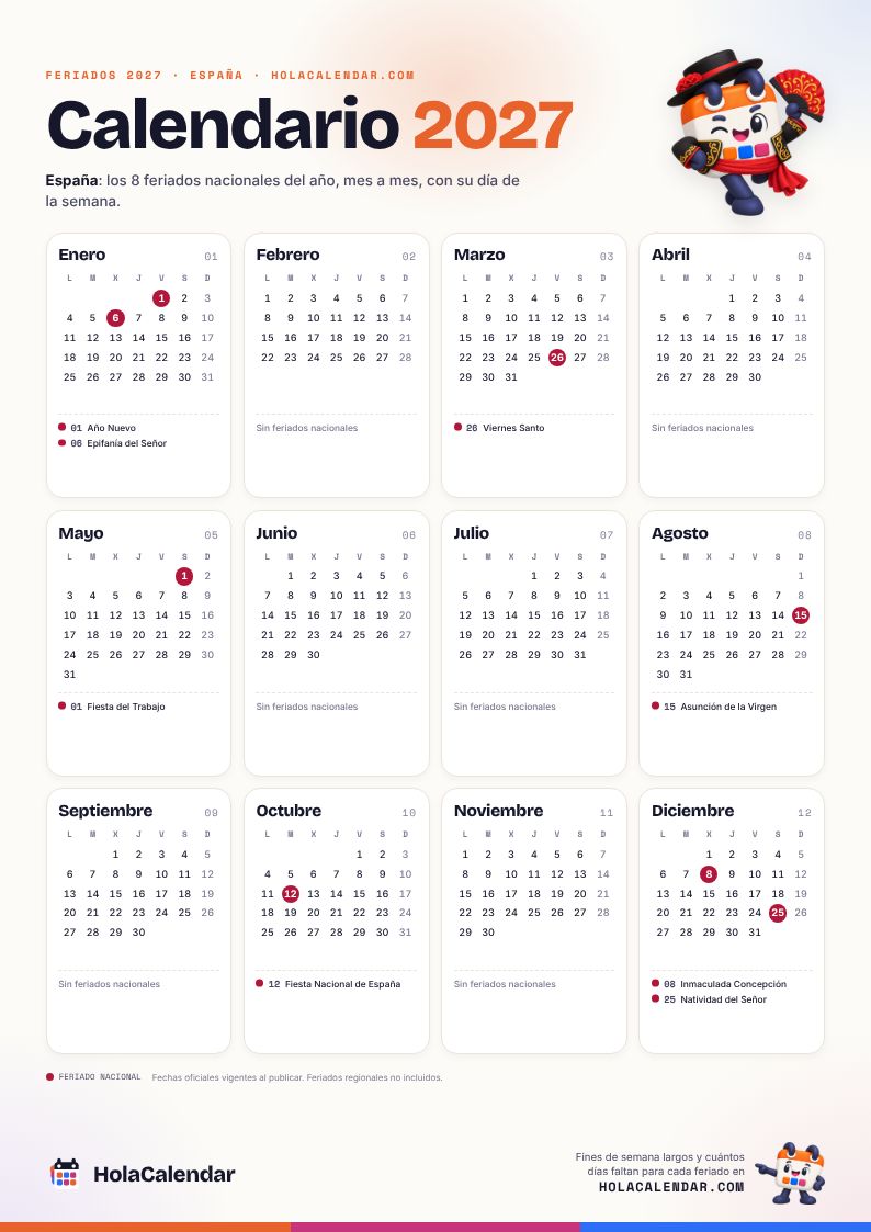 Calendario 2027 de España con sus 8 feriados marcados, para imprimir en una hoja A4