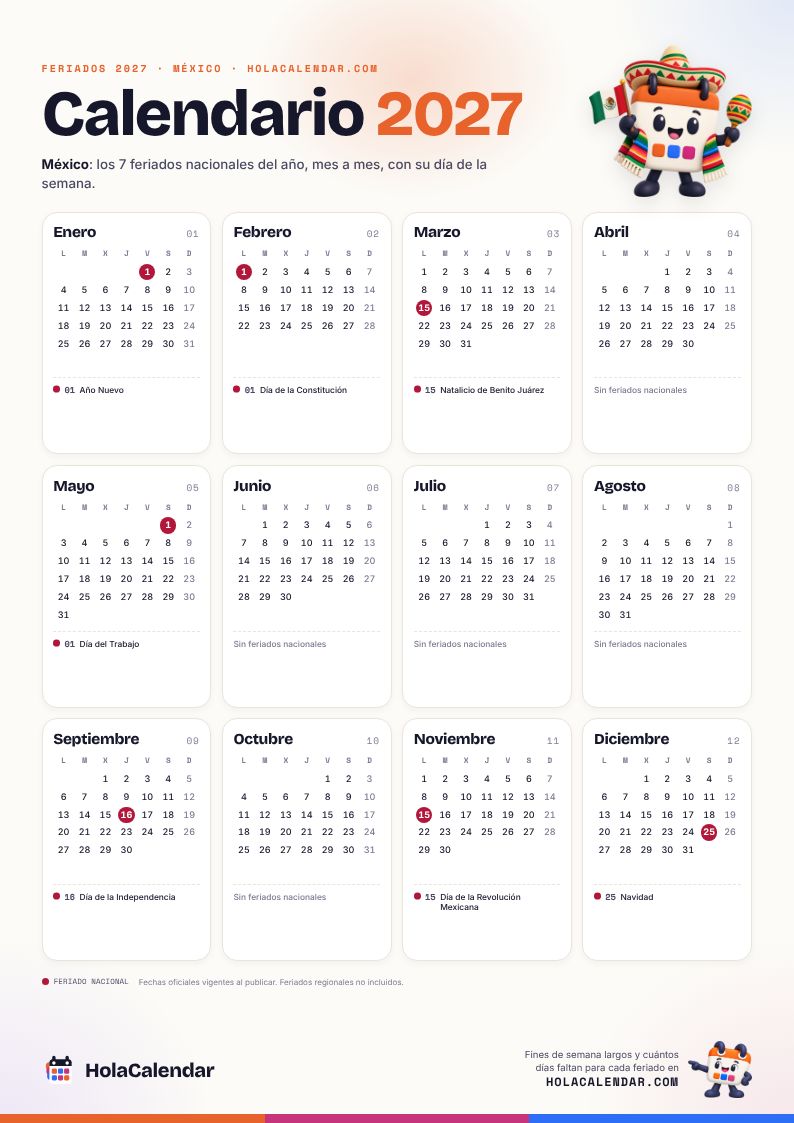 Calendario 2027 de México con sus 7 feriados marcados, para imprimir en una hoja A4