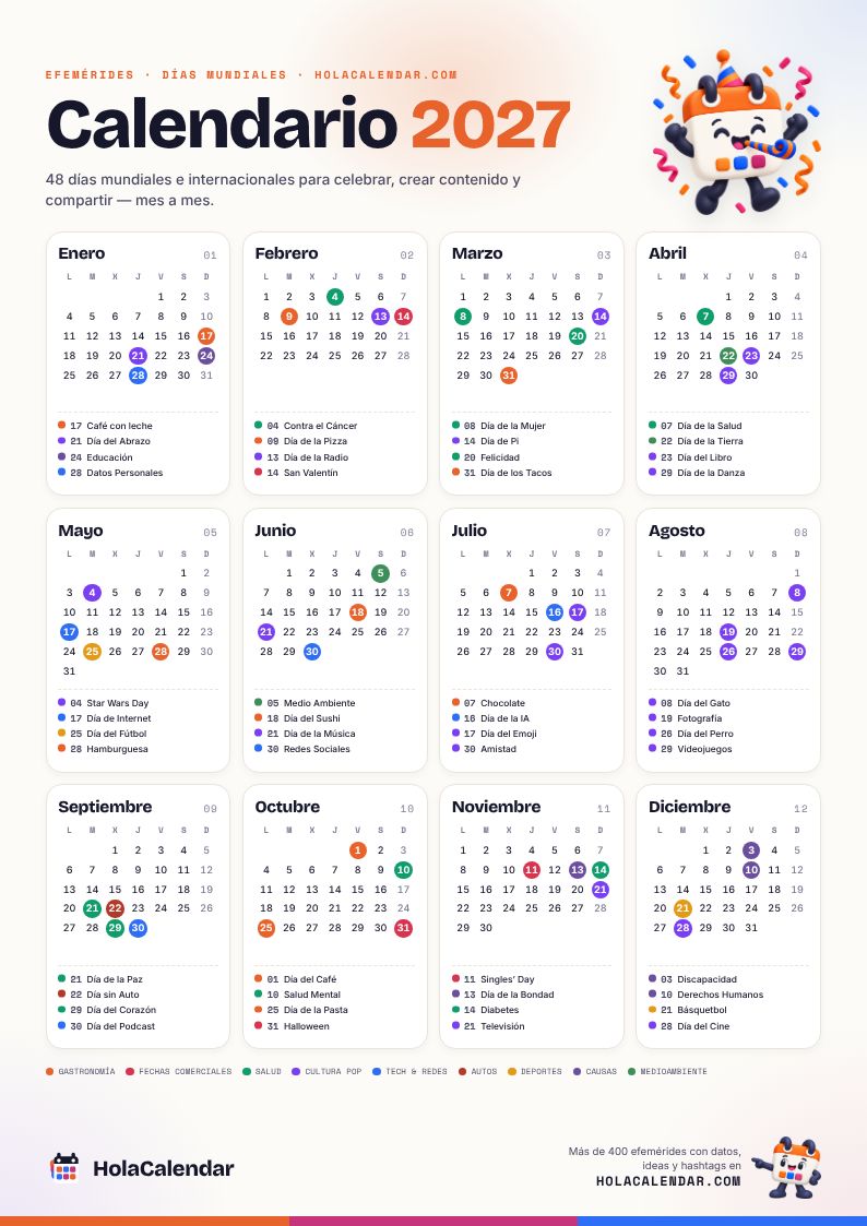 Calendario 2027 de una página con 48 días mundiales marcados por color, para imprimir en A4